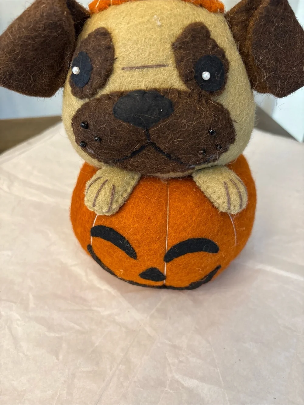 Halloween PUG Wool Plush 11” Jack O Lantern Decor.  New